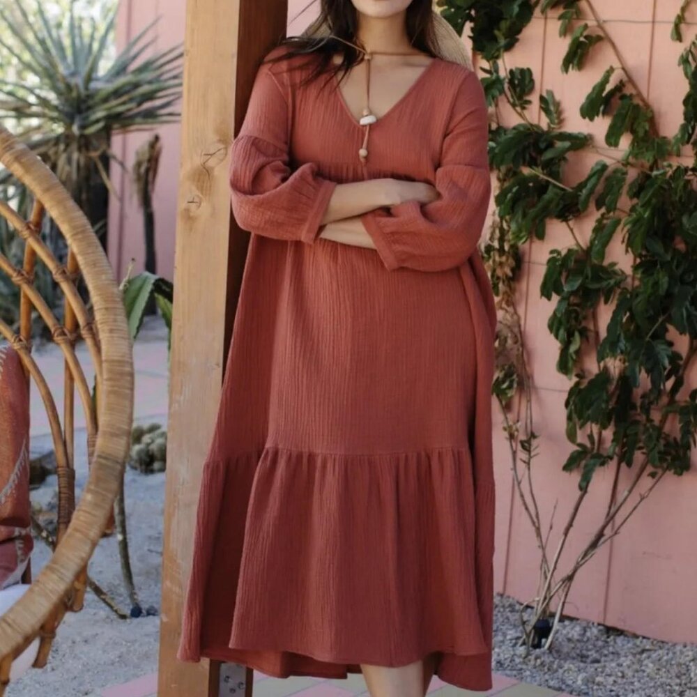 7 For All Mankind Cotton Gauze Textured Orange Midi Dress